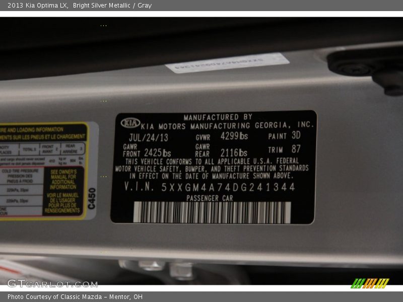 Bright Silver Metallic / Gray 2013 Kia Optima LX