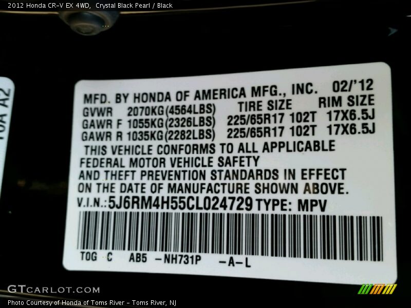 Crystal Black Pearl / Black 2012 Honda CR-V EX 4WD