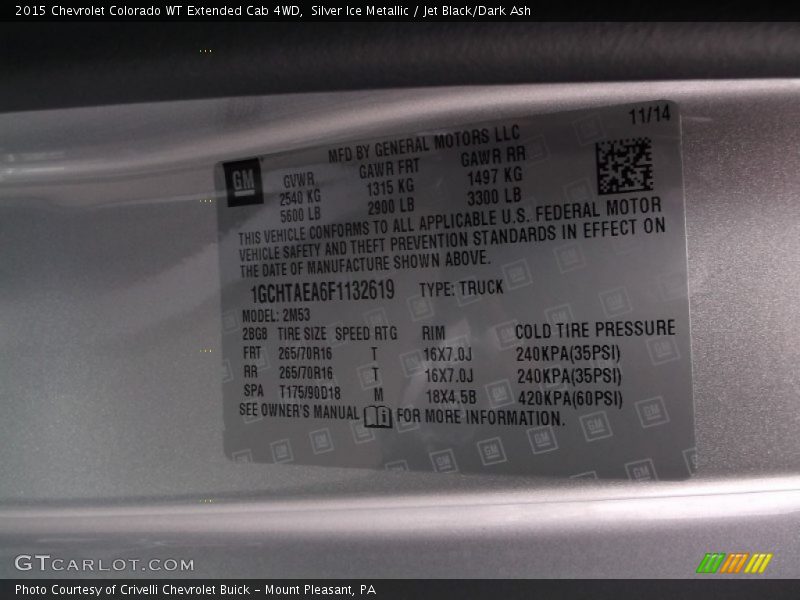 Silver Ice Metallic / Jet Black/Dark Ash 2015 Chevrolet Colorado WT Extended Cab 4WD