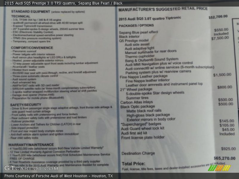  2015 SQ5 Prestige 3.0 TFSI quattro Window Sticker