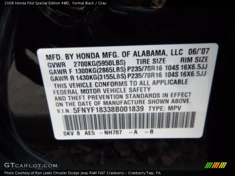 Formal Black / Gray 2008 Honda Pilot Special Edition 4WD