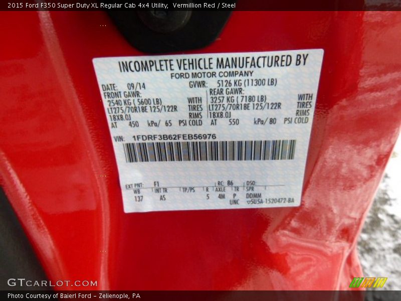 2015 F350 Super Duty XL Regular Cab 4x4 Utility Vermillion Red Color Code F1