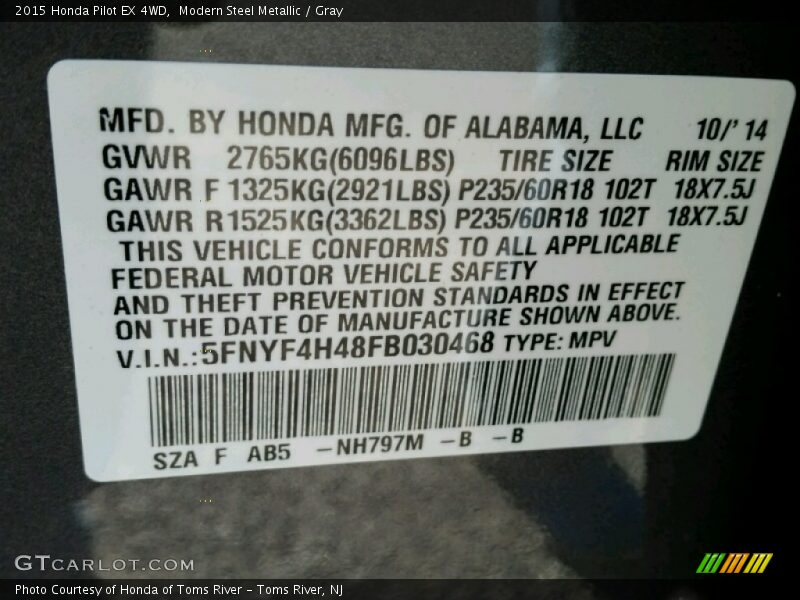 Modern Steel Metallic / Gray 2015 Honda Pilot EX 4WD