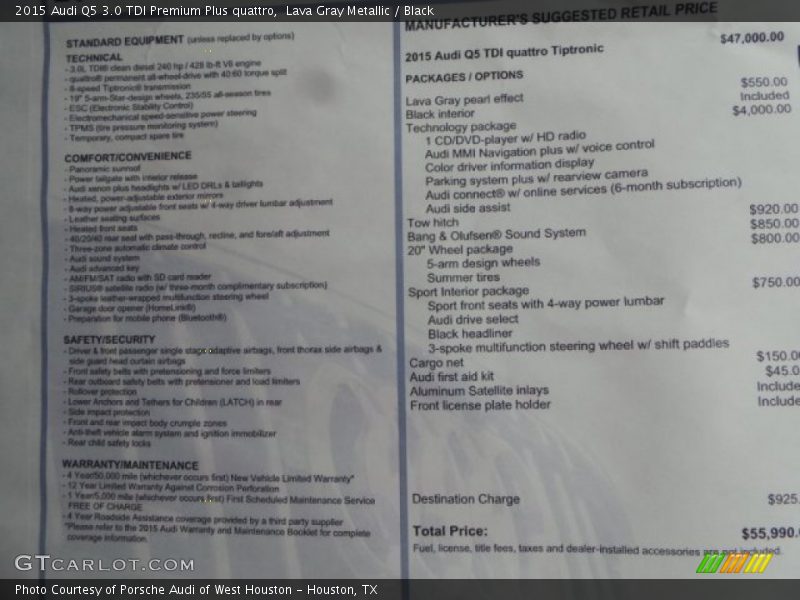  2015 Q5 3.0 TDI Premium Plus quattro Window Sticker