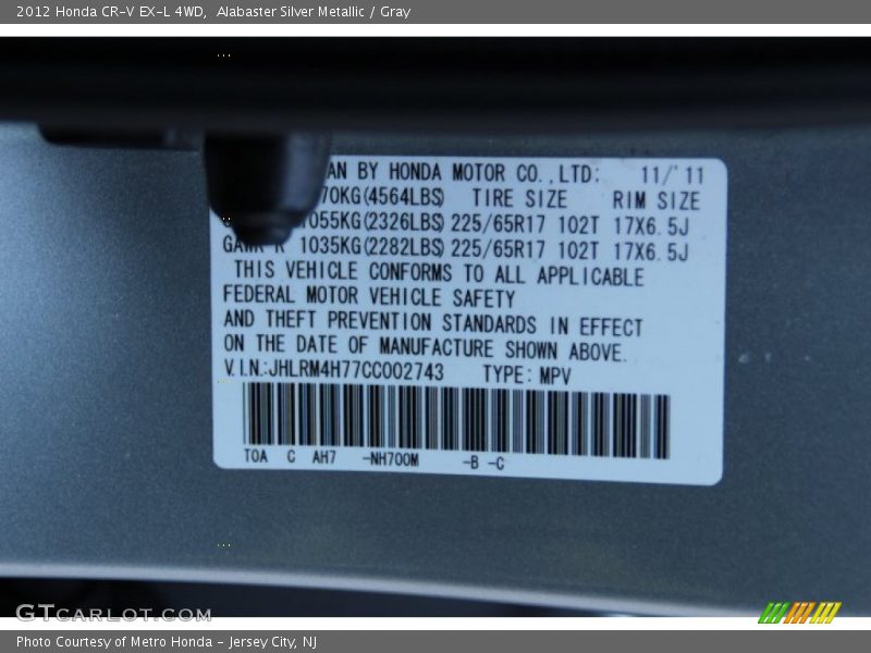 Alabaster Silver Metallic / Gray 2012 Honda CR-V EX-L 4WD