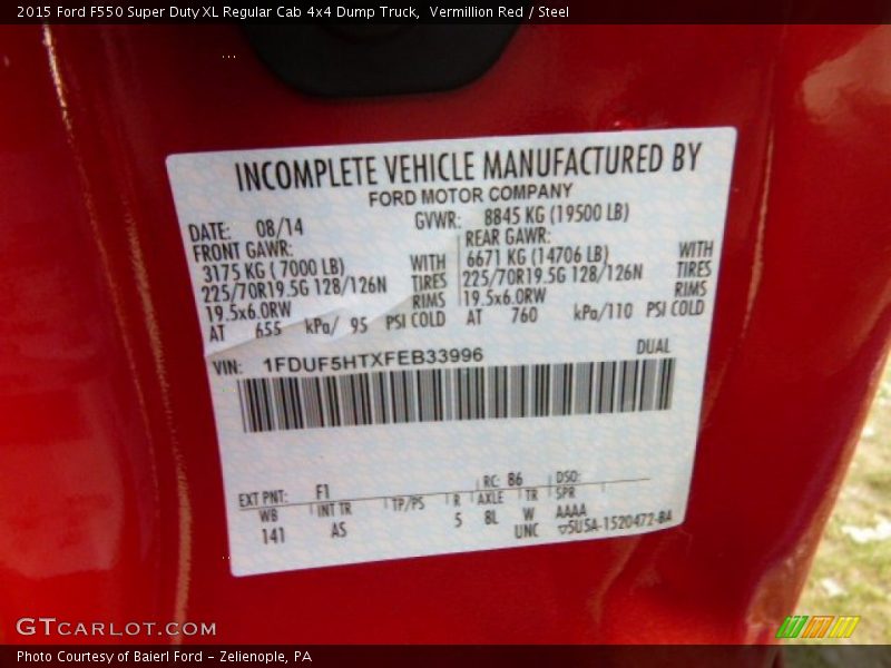 2015 F550 Super Duty XL Regular Cab 4x4 Dump Truck Vermillion Red Color Code F1