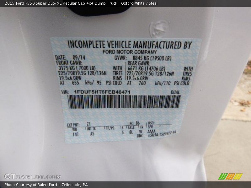 2015 F550 Super Duty XL Regular Cab 4x4 Dump Truck Oxford White Color Code Z1