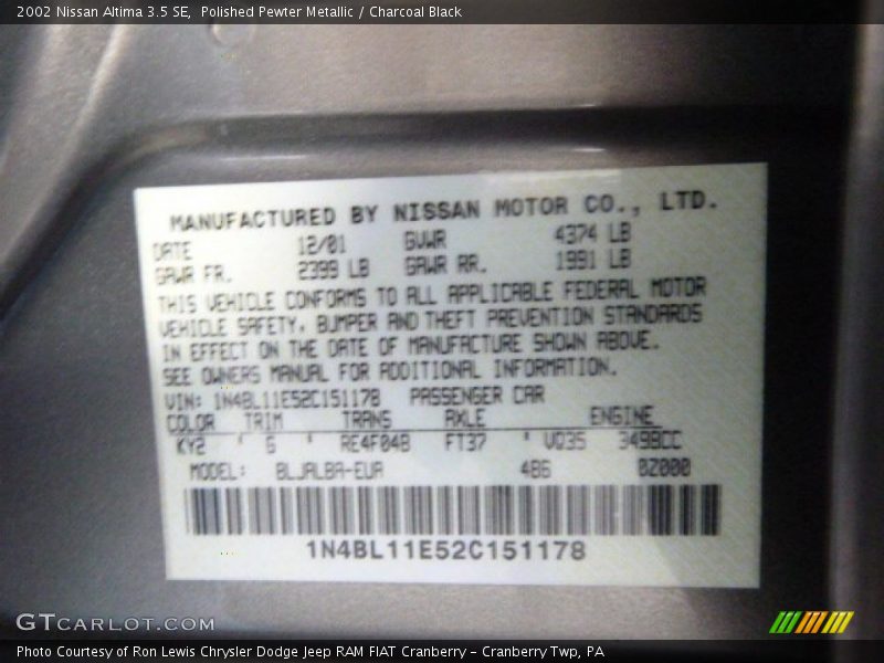 Polished Pewter Metallic / Charcoal Black 2002 Nissan Altima 3.5 SE
