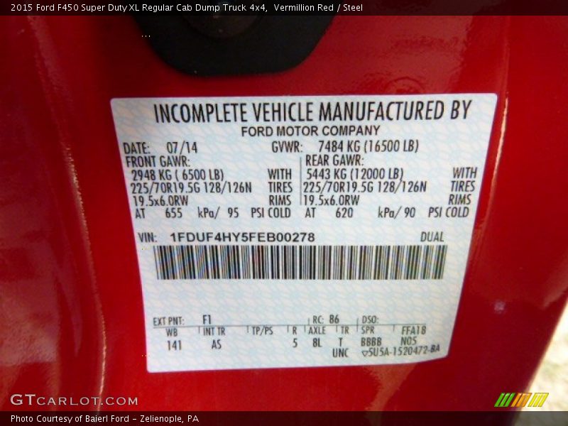 2015 F450 Super Duty XL Regular Cab Dump Truck 4x4 Vermillion Red Color Code F1