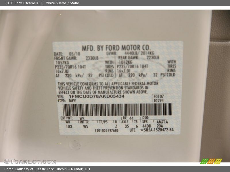 White Suede / Stone 2010 Ford Escape XLT