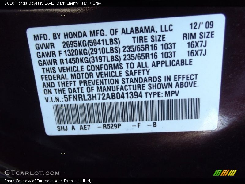 Dark Cherry Pearl / Gray 2010 Honda Odyssey EX-L