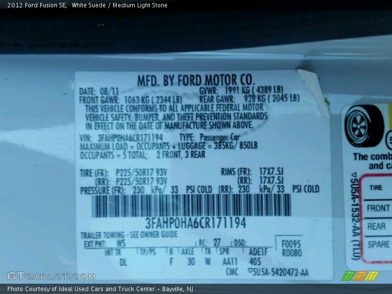 White Suede / Medium Light Stone 2012 Ford Fusion SE