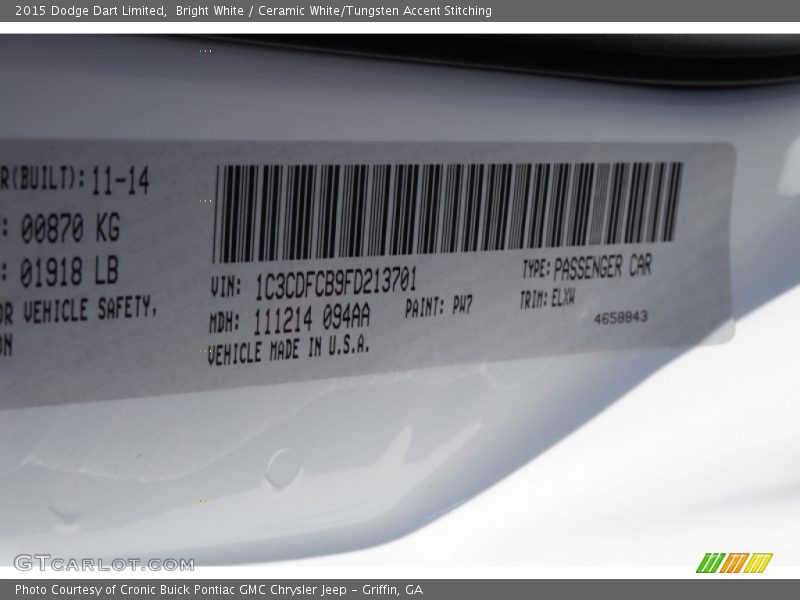 Bright White / Ceramic White/Tungsten Accent Stitching 2015 Dodge Dart Limited