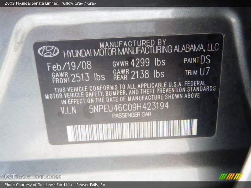 Willow Gray / Gray 2009 Hyundai Sonata Limited