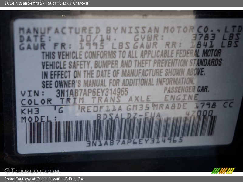 Super Black / Charcoal 2014 Nissan Sentra SV