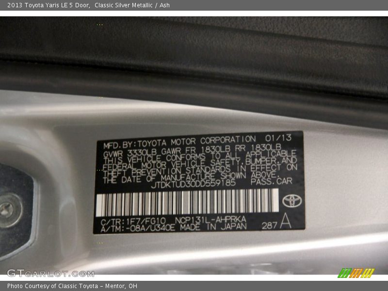 Classic Silver Metallic / Ash 2013 Toyota Yaris LE 5 Door