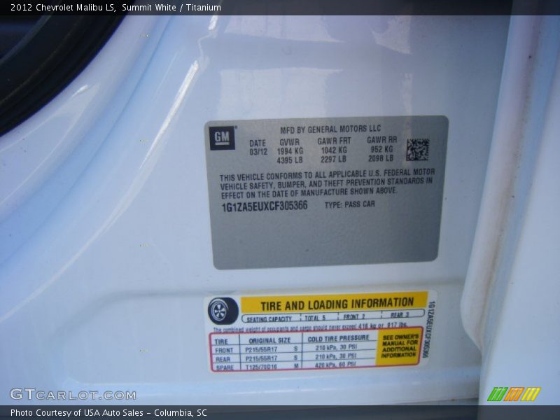 Summit White / Titanium 2012 Chevrolet Malibu LS