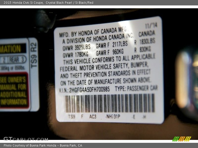 2015 Civic Si Coupe Crystal Black Pearl Color Code NH731P