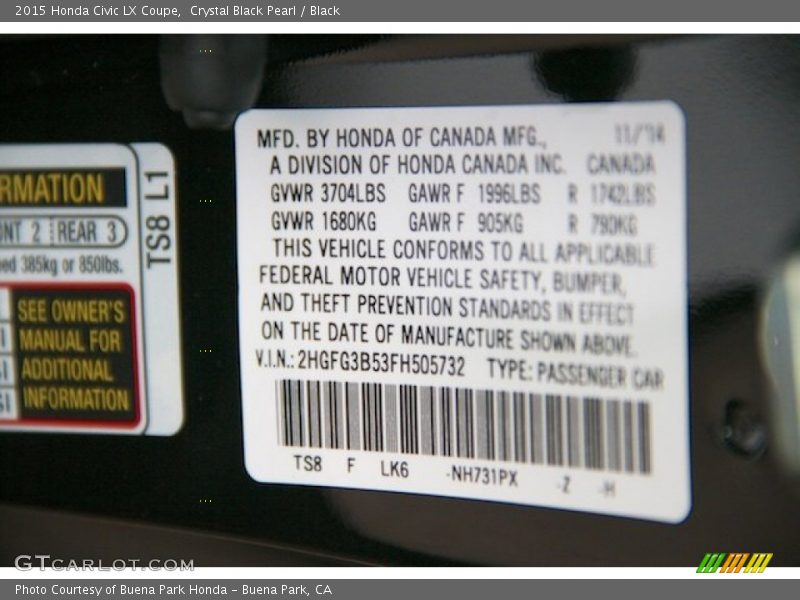 Crystal Black Pearl / Black 2015 Honda Civic LX Coupe