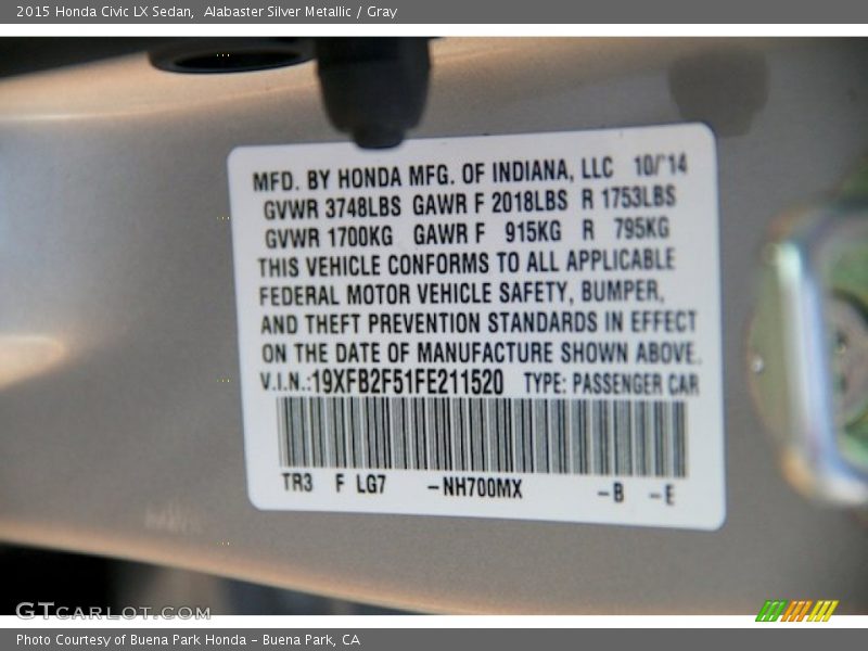 Alabaster Silver Metallic / Gray 2015 Honda Civic LX Sedan