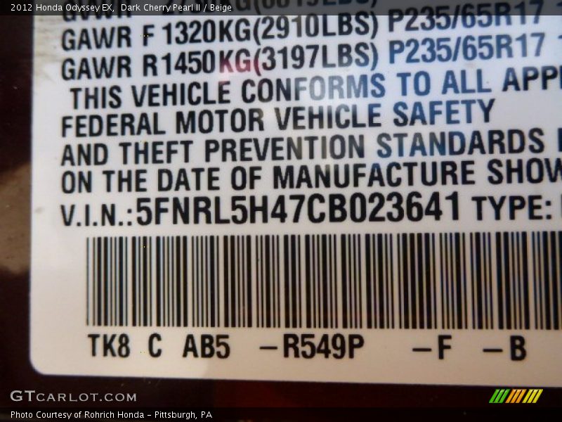Dark Cherry Pearl II / Beige 2012 Honda Odyssey EX