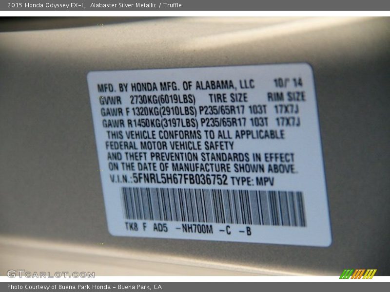Alabaster Silver Metallic / Truffle 2015 Honda Odyssey EX-L