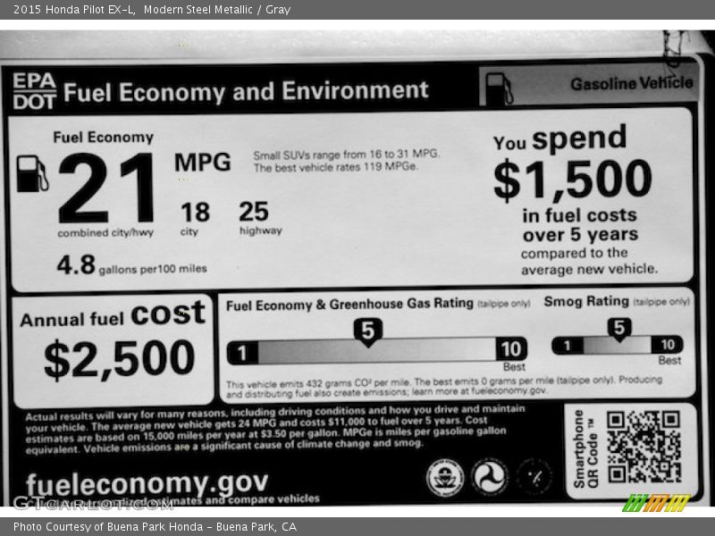 Modern Steel Metallic / Gray 2015 Honda Pilot EX-L