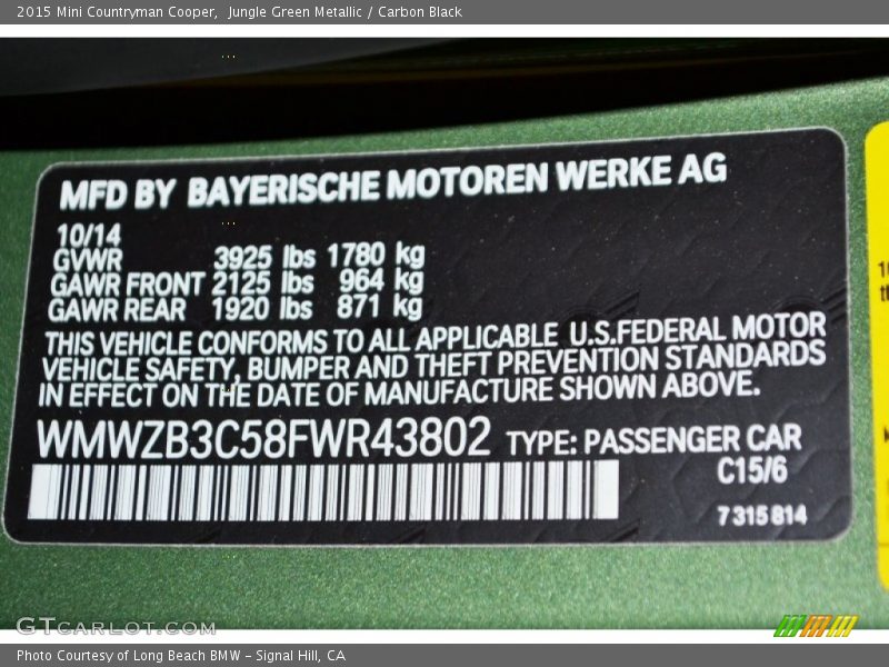 2015 Countryman Cooper Jungle Green Metallic Color Code C15