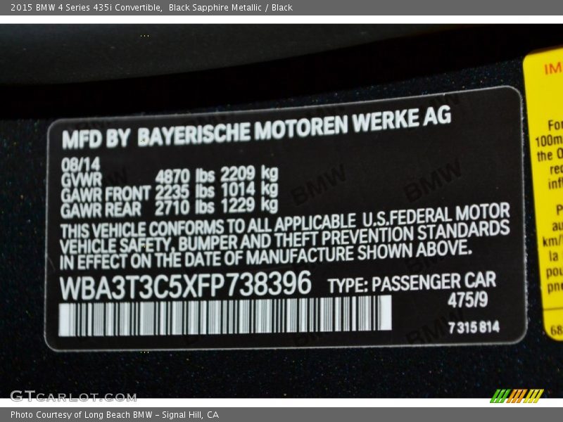 2015 4 Series 435i Convertible Black Sapphire Metallic Color Code 475
