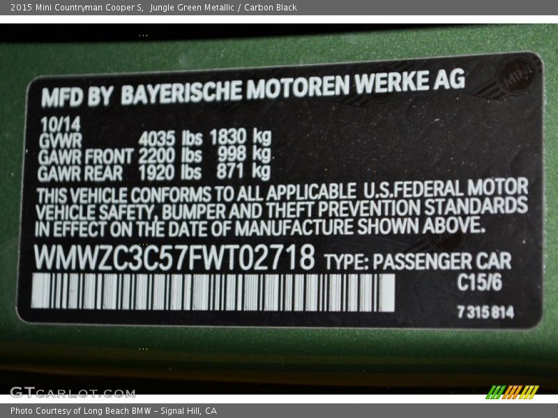2015 Countryman Cooper S Jungle Green Metallic Color Code C15