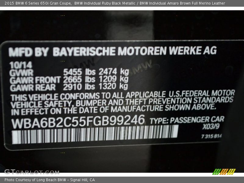 2015 6 Series 650i Gran Coupe BMW Individual Ruby Black Metallic Color Code X03
