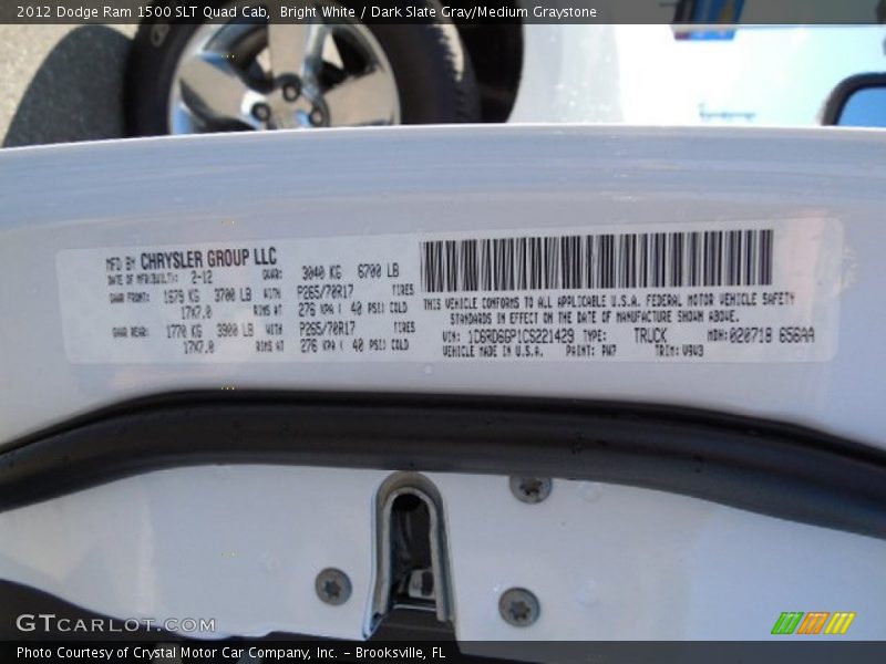 Bright White / Dark Slate Gray/Medium Graystone 2012 Dodge Ram 1500 SLT Quad Cab