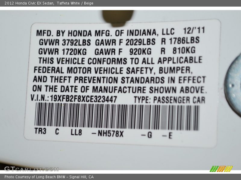 Taffeta White / Beige 2012 Honda Civic EX Sedan
