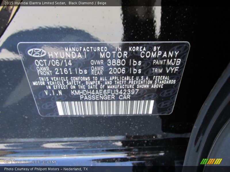 Black Diamond / Beige 2015 Hyundai Elantra Limited Sedan