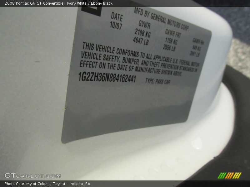 Ivory White / Ebony Black 2008 Pontiac G6 GT Convertible