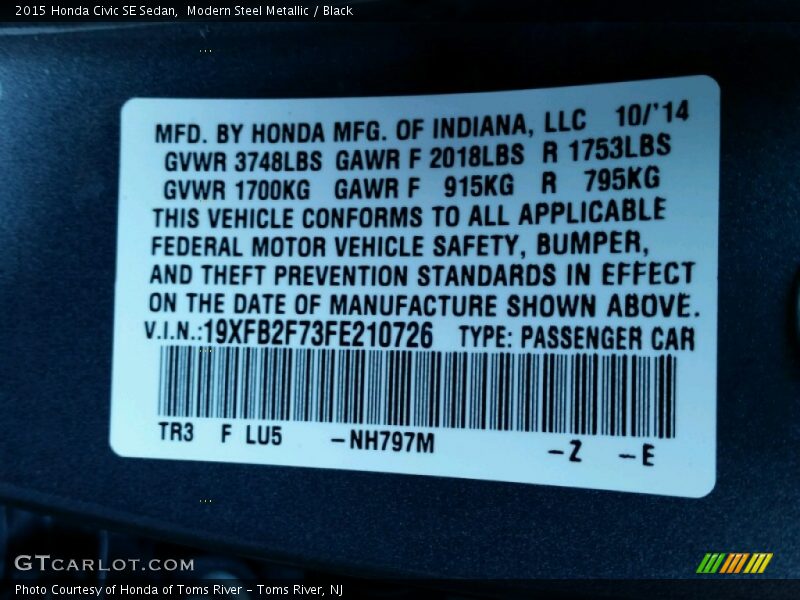 2015 Civic SE Sedan Modern Steel Metallic Color Code NH797M
