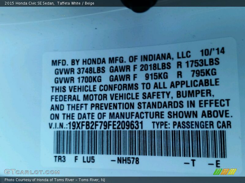 Taffeta White / Beige 2015 Honda Civic SE Sedan