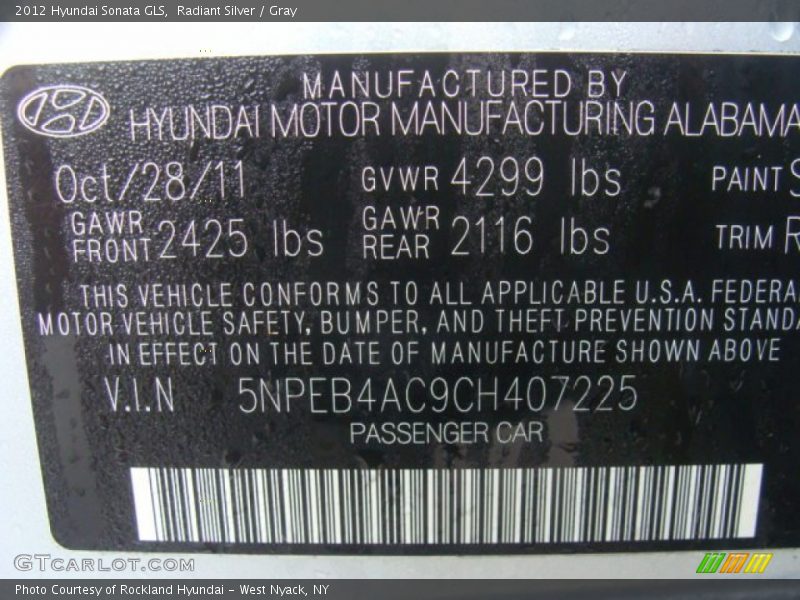 Radiant Silver / Gray 2012 Hyundai Sonata GLS