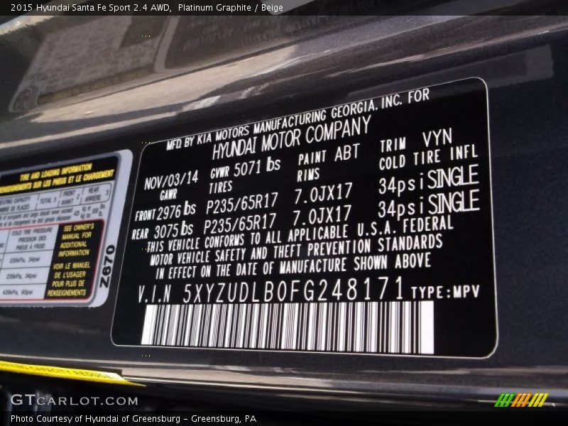 Platinum Graphite / Beige 2015 Hyundai Santa Fe Sport 2.4 AWD