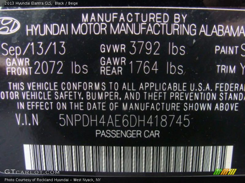 Black / Beige 2013 Hyundai Elantra GLS