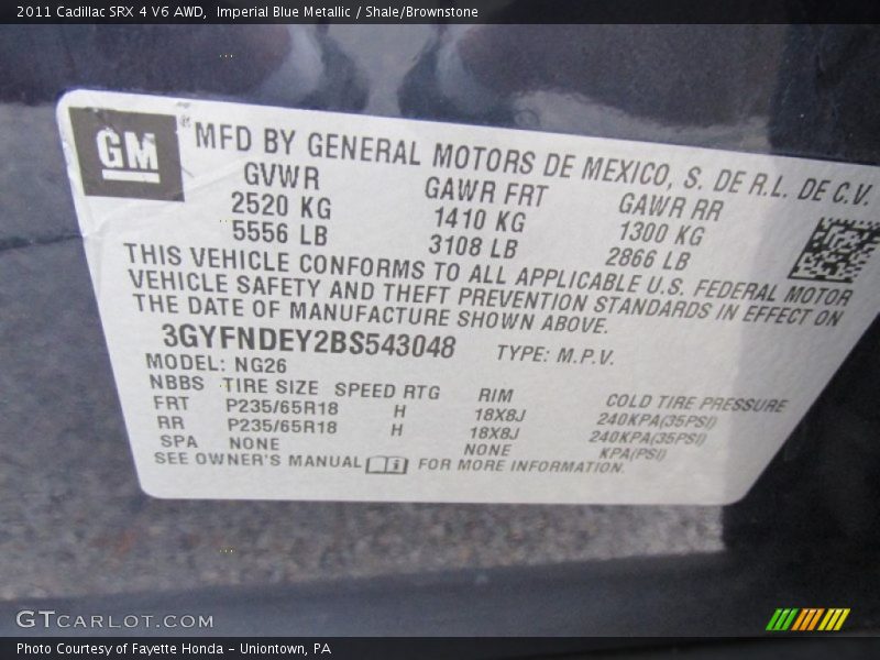 Imperial Blue Metallic / Shale/Brownstone 2011 Cadillac SRX 4 V6 AWD
