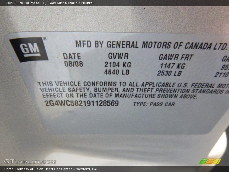Gold Mist Metallic / Neutral 2009 Buick LaCrosse CX