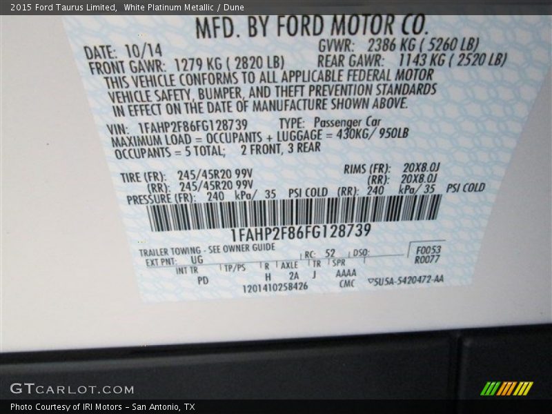 2015 Taurus Limited White Platinum Metallic Color Code UG
