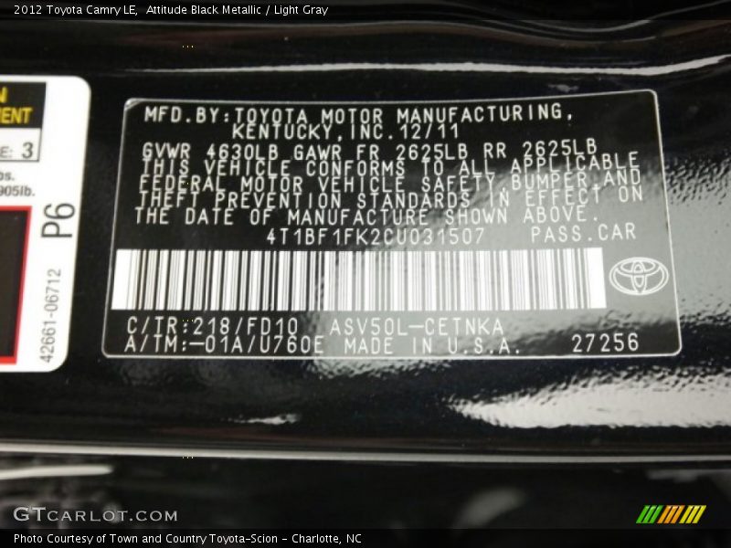 Attitude Black Metallic / Light Gray 2012 Toyota Camry LE