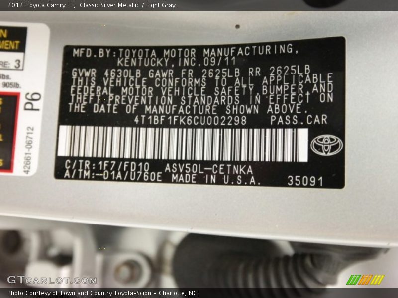 Classic Silver Metallic / Light Gray 2012 Toyota Camry LE