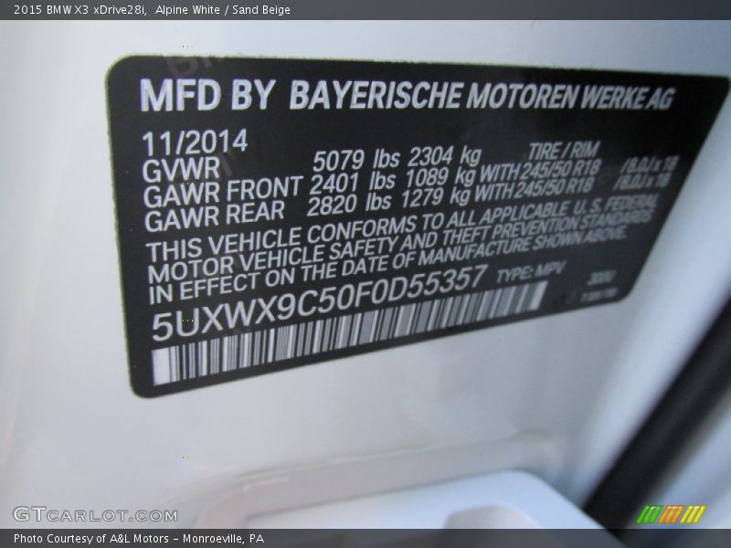 Alpine White / Sand Beige 2015 BMW X3 xDrive28i