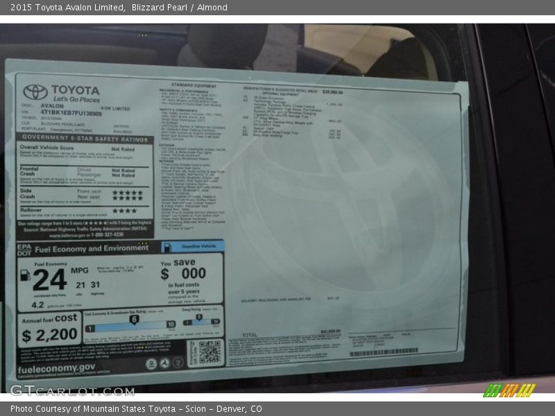  2015 Avalon Limited Window Sticker