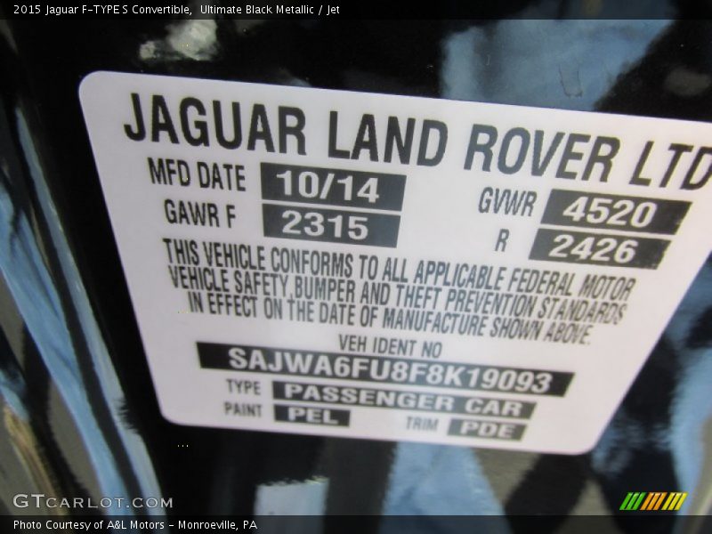 2015 F-TYPE S Convertible Ultimate Black Metallic Color Code PEL