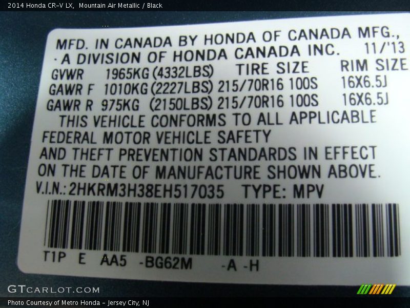 Mountain Air Metallic / Black 2014 Honda CR-V LX
