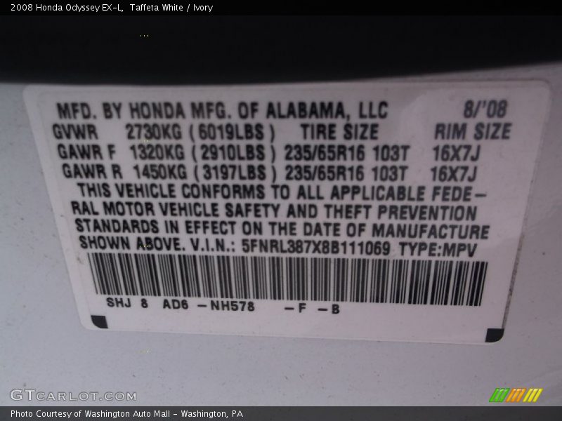 Taffeta White / Ivory 2008 Honda Odyssey EX-L